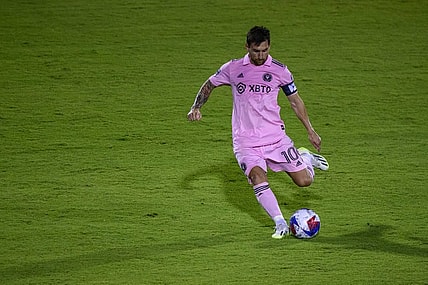 Aug 6, 2023; Frisco, TX, USA; Inter Miami forward Lionel Messi (10) in action during the game between FC Dallas and Inter Miami at Toyota Stadium. Mandatory Credit: Jerome Miron-USA TODAY Sports
