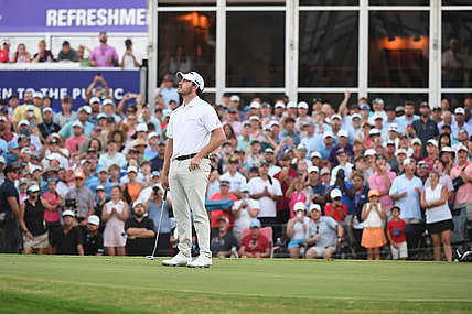 Aug 13, 2023; Memphis, Tennessee, USA; Patrick Cantlay reacts after missing his putt on the first playoff hole to lose against Lucas Glover (not pictured) during the final round of the FedEx St. Jude Championship golf tournament. Mandatory Credit: Christopher Hanewinckel-USA TODAY Sports
