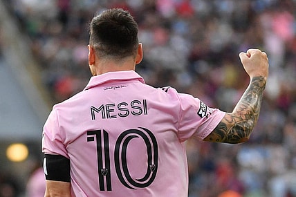 Aug 15, 2023; Chester, PA, USA; Inter Miami CF forward Lionel Messi (10) celebrates after scoring a goal against the Philadelphia Union during the first half at Subaru Park. Mandatory Credit: Eric Hartline-USA TODAY Sports