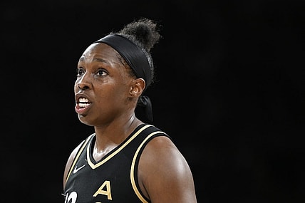 Aug 15, 2023; Las Vegas, Nevada, USA; Las Vegas Aces guard Chelsea Gray (12) during the second quarter in the game against the New York Liberty at Michelob Ultra Arena. Mandatory Credit: Candice Ward-USA TODAY Sports