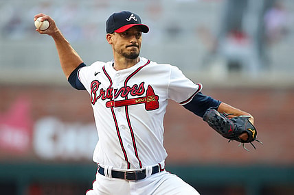 Aug 16, 2023; Atlanta, Georgia, USA; Atlanta Braves starting pitcher Charlie Morton (50) throws against the New York Yankees in the first inning at Truist Park. Mandatory Credit: Brett Davis-USA TODAY Sports