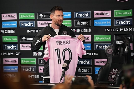 Aug 17, 2023; Ft. Lauderdale, FL, USA;  Lionel Messi of Inter Miami CF addresses the media at the DRV PNK Stadium Press Conference Room. Mandatory Credit: Jim Rassol-USA TODAY Sports