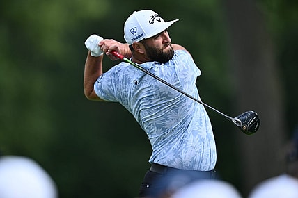 Aug 17, 2023; Olympia Fields, Illinois, USA; Jon Rahm tees off from the 7th tee during the first round of the BMW Championship golf tournament. Mandatory Credit: Jamie Sabau-USA TODAY Sports
