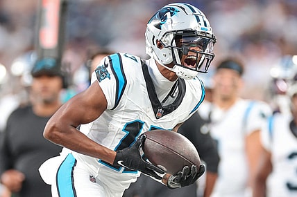 Aug 18, 2023; East Rutherford, New Jersey, USA; Carolina Panthers wide receiver DJ Chark Jr. (17) reacts after a catch during the first half against the New York Giants at MetLife Stadium. Mandatory Credit: Vincent Carchietta-USA TODAY Sports
