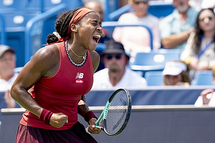 Aug 19, 2023; Mason, OH, USA; Coco Gauff, of the United States, celebrates after winning a point against Iga Swi  tek, of Poland, in their semifinal match at the Western & Southern Open at the Lindner Family Tennis Center. Mandatory Credit: Albert Cesare-USA TODAY Sports