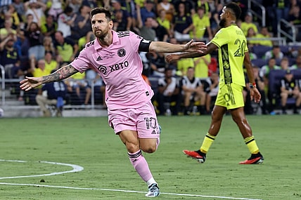 Aug 19, 2023; Nashville, TN, USA; Inter Miami forward Lionel Messi (10) reacts after scoring a goal against Nashville SC during he first half for the Leagues Cup Championship match at GEODIS Park.  Mandatory Credit: Vasha Hunt-USA TODAY Sports