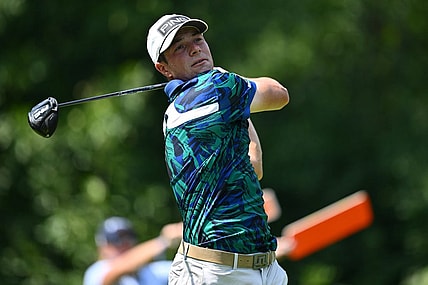 Aug 20, 2023; Olympia Fields, Illinois, USA; Viktor Hovland tees off from the 3rd tee during the final round of the BMW Championship golf tournament. Mandatory Credit: Jamie Sabau-USA TODAY Sports