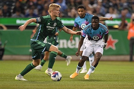 Aug 20, 2023; New Rochelle, New York, USA; New York City FC forward Andres Jasson (21) controls the ball during the first half at City Field. Mandatory Credit: Jonathan Jones-USA TODAY Sports
