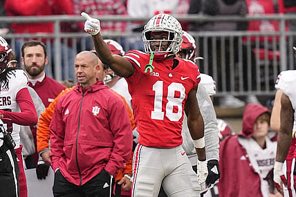 Nov 12, 2022; Columbus, Ohio, USA; Ohio State Buckeyes wide receiver Marvin Harrison Jr. (18) celebrates a first down catch during the first half of the NCAA football game against the Indiana Hoosiers at Ohio Stadium. Mandatory Credit: Adam Cairns-The Columbus Dispatch