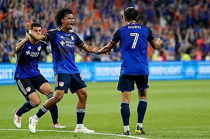 FC Cincinnati forward Yuya Kubo (7) celebrates a goal in the second period of extra time during a U.S. Open Cup semifinal match between Inter Miami and FC Cincinnati, Wednesday, Aug. 23, 2023, at TQL Stadium in Cincinnati.