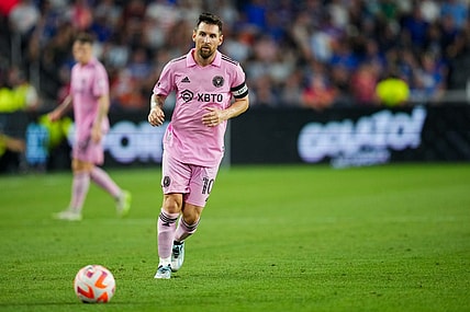 Aug 23, 2023; Cincinnati, OH, USA; Inter Miami CF forward Lionel Messi (10) runs on the field against FC Cincinnati at TQL Stadium. Mandatory Credit: Aaron Doster-USA TODAY Sports