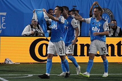 Aug 26, 2023; Charlotte, North Carolina, USA; Charlotte FC midfielder Ashley Westwood (8) celebrated goal in the first half against the Los Angeles FC at Bank of America Stadium. Mandatory Credit: Jim Dedmon-USA TODAY Sports