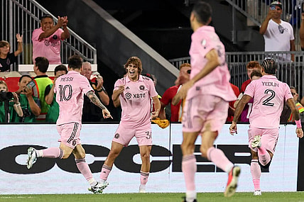 Aug 26, 2023; Harrison, New Jersey, USA; Inter Miami CF forward Lionel Messi (10) celebrates after scoring a goal against the New York Red Bulls with midfielder Benjamin Cremaschi (30) during the second half at Red Bull Arena. Mandatory Credit: Vincent Carchietta-USA TODAY Sports