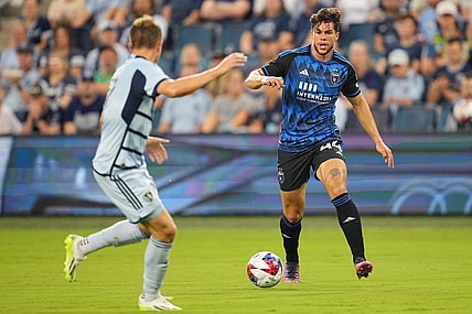 Aug 26, 2023; Kansas City, Kansas, USA; San Jose Earthquakes forward Cade Cowell (44) in action against Sporting Kansas City during the first half at Children's Mercy Park. Mandatory Credit: Jay Biggerstaff-USA TODAY Sports