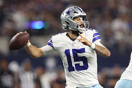 Aug 26, 2023; Arlington, Texas, USA; Dallas Cowboys quarterback Will Grier (15) throws a pass in the fourth quarter against the Las Vegas Raiders at AT&T Stadium. Mandatory Credit: Tim Heitman-USA TODAY Sports