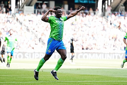 Aug 27, 2023; Saint Paul, Minnesota, USA; Seattle Sounders defender Yeimar Gomez (28) celebrates his goal during the first half against Minnesota United at Allianz Field. Mandatory Credit: Brace Hemmelgarn-USA TODAY Sports