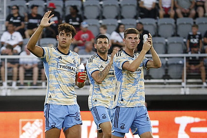 Aug 26, 2023; Washington, District of Columbia, USA; Philadelphia Union players wave to fans in the stands prior to their game against D.C. United at Audi Field. Mandatory Credit: Amber Searls-USA TODAY Sports