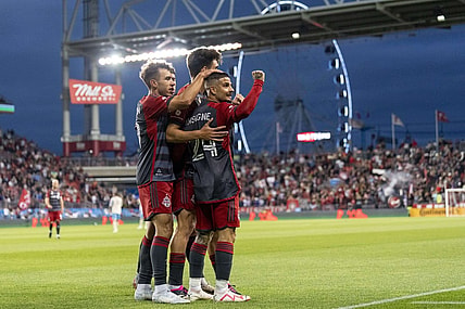 Aug 30, 2023; Toronto, Ontario, CAN; Toronto FC forward Lorenzo Insigne (24) celebrates with teammates after scoring against the Philadelphia Union during the first half at BMO Field. Mandatory Credit: Kevin Sousa-USA TODAY Sports