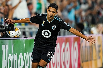 Aug 30, 2023; Saint Paul, Minnesota, USA; Minnesota United midfielder Emanuel Reynoso (10) celebrates his second goal during the first half against Colorado Rapids at Allianz Field. Mandatory Credit: Brace Hemmelgarn-USA TODAY Sports