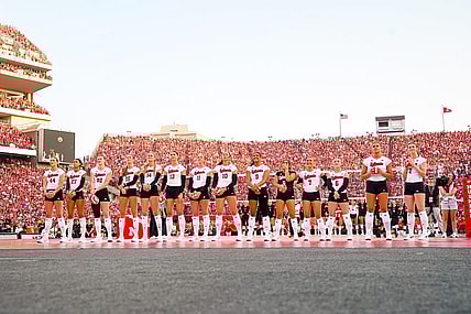 Aug 30, 2023; Lincoln, NE, USA; The Nebraska Cornhuskers watch a presentation before the match against the Omaha Mavericks at Memorial Stadium. Mandatory Credit: Dylan Widger-USA TODAY Sports
