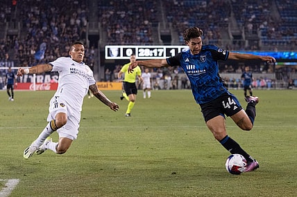 Aug 30, 2023; San Jose, California, USA;  San Jose Earthquakes forward Cade Cowell (44) controls the ball during the first half against Los Angeles Galaxy defender Calegari (2) at PayPal Park. Mandatory Credit: Stan Szeto-USA TODAY Sports