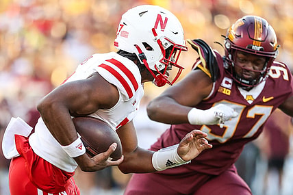 Aug 31, 2023; Minneapolis, Minnesota, USA; Nebraska Cornhuskers quarterback Jeff Sims (7) runs the ball against the Minnesota Golden Gophers during the first quarter at Huntington Bank Stadium. Mandatory Credit: Matt Krohn-USA TODAY Sports