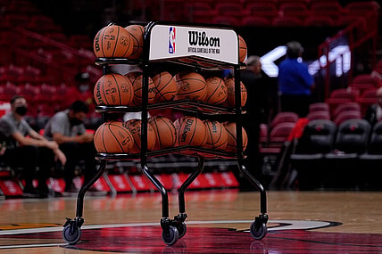 Oct 4, 2021; Miami, Florida, USA; A detailed view of a basketball cart on the court prior to the game between the Miami Heat and the Atlanta Hawks at FTX Arena. Mandatory Credit: Jasen Vinlove-USA TODAY Sports