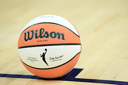 Oct 10, 2021; Phoenix, Arizona, USA; A view of the offical game ball during the second half of game one of the 2021 WNBA Finals between the Phoenix Mercury and the Chicago Sky at Footprint Center. Mandatory Credit: Joe Camporeale-USA TODAY Sports