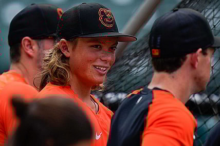 Jul 27, 2022; Baltimore, Maryland, USA; Baltimore Orioles number one draft pick Jackson Holliday during batting practice before game against the Tampa Bay Rays at Oriole Park at Camden Yards. Mandatory Credit: Tommy Gilligan-USA TODAY Sports