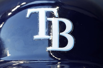 Aug 9, 2022; Milwaukee, Wisconsin, USA;  The Tampa Bay Rays logo on a batting helmet prior to the game against the Milwaukee Brewers at American Family Field. Mandatory Credit: Jeff Hanisch-USA TODAY Sports