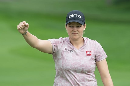 Aug 26, 2022; Ottawa, Ontario, CAN; Ally Ewing from the United States celebrates a birdie on the 18th hole during the second round of the CP Women's Open golf tournament. Mandatory Credit: Marc DesRosiers-USA TODAY Sports