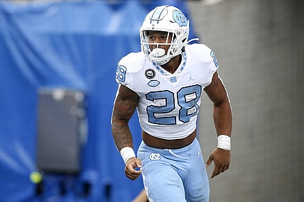Sep 10, 2022; Atlanta, Georgia, USA; North Carolina Tar Heels running back Omarion Hampton (28) celebrates after a touchdown run against the Georgia State Panthers in the second half at Center Parc Stadium. Mandatory Credit: Brett Davis-USA TODAY Sports