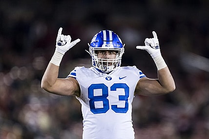 Nov 26, 2022; Stanford, California, USA;  Brigham Young Cougars tight end Isaac Rex (83) reacts after a Cougars touchdown against the Stanford Cardinal during the first half at Stanford Stadium. Mandatory Credit: John Hefti-USA TODAY Sports