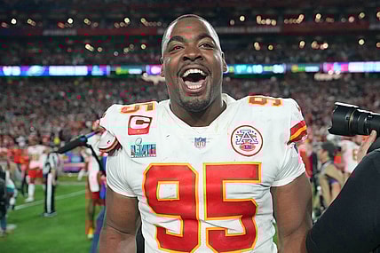 Feb 12, 2023; Glendale, Arizona, US; Kansas City Chiefs defensive tackle Chris Jones (95) celebrates after winning Super Bowl LVII against the Philadelphia Eagles at State Farm Stadium. Mandatory Credit: Kirby Lee-USA TODAY Sports