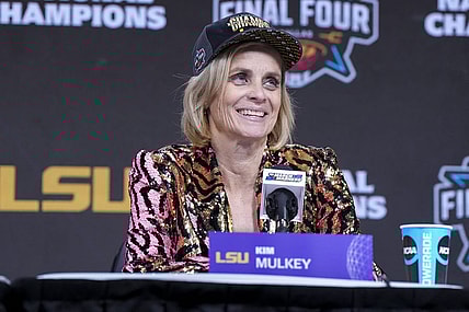 Apr 2, 2023; Dallas, TX, USA; LSU Lady Tigers head coach Kim Mulkey speaks to members of the media after defeating the Iowa Hawkeyes in the final round of the Women's Final Four NCAA tournament at the American Airlines Center. Mandatory Credit: Kirby Lee-USA TODAY Sports
