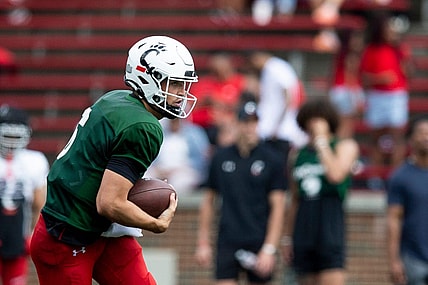 Cincinnati Bearcats quarterback Ben Bryant (6) runs toward the end zone during the Cincinnati Bearcats spring scrimmage at Nippert Stadium on Saturday, April 15, 2023.

Cincinnati Bearcats Football Spring Game April 15 2023