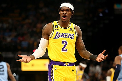 Apr 26, 2023; Memphis, Tennessee, USA; Los Angeles Lakers forward Jarred Vanderbilt (2) reacts during the first half against the Memphis Grizzlies during game five of the 2023 NBA playoffs at FedExForum. Mandatory Credit: Petre Thomas-USA TODAY Sports