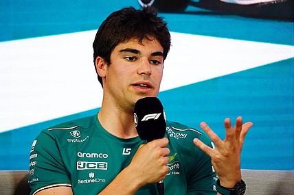 May 4, 2023; Miami Gardens, Florida, USA;  Aston Martin driver Lance Stroll (18) of Canada talks with the media during a breakout media session at Miami International Autodrome. Mandatory Credit: John David Mercer-USA TODAY Sports