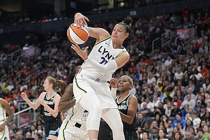 May 13, 2023; Toronto, Ontario, Canada; Minnesota Lynx guard Kayla McBride (21) rebounds against the Chicago Sky during the first half at Scotiabank Arena. Mandatory Credit: John E. Sokolowski-USA TODAY Sports
