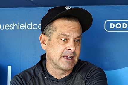 Jun 3, 2023; Los Angeles, California, USA; New York Yankees manager Aaron Boone (17) reacts during the game against the Los Angeles Dodgers at Dodger Stadium. Mandatory Credit: Kirby Lee-USA TODAY Sports