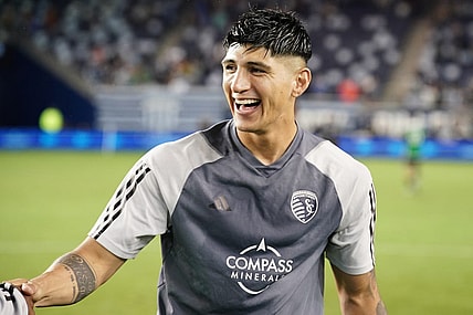 Jun 10, 2023; Kansas City, Kansas, USA; Sporting Kansas City forward Alan Pulido (9) celebrates at the end of the game against the Austin FC at Children's Mercy Park. Mandatory Credit: Denny Medley-USA TODAY Sports