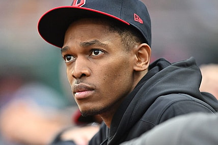 Jun 23, 2023; Cleveland, Ohio, USA; Cleveland Guardians pitcher Triston McKenzie watches the game between the Guardians and the Milwaukee Brewers from the dugout during the fifth inning at Progressive Field. Mandatory Credit: Ken Blaze-USA TODAY Sports