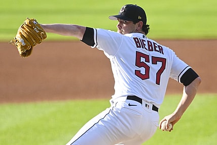 Jul 4, 2023; Cleveland, Ohio, USA; Cleveland Guardians starting pitcher Shane Bieber (57) delivers a pitch in the first inning against the Atlanta Bravesb at Progressive Field. Mandatory Credit: David Richard-USA TODAY Sports