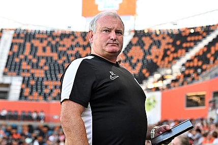 Jul 7, 2023; Houston, Texas, USA; Houston Dash head coach Sam Laity looks on before the game against the Chicago Red Stars at Shell Energy Stadium. Mandatory Credit: Maria Lysaker-USA TODAY Sports