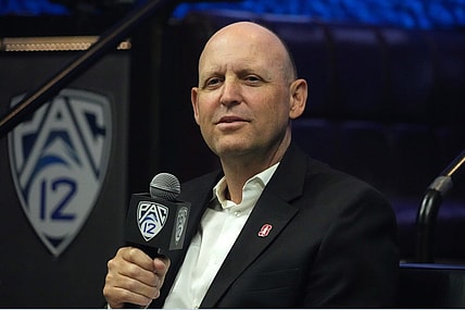 Jul 21, 2023; Las Vegas, NV, USA; Stanford Cardinal coach Troy Taylor speaks during Pac-12 Media Day at Resorts World Las Vegas. tMandatory Credit: Kirby Lee-USA TODAY Sports