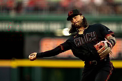 Jul 21, 2023; Cincinnati, Ohio, USA; Cincinnati Reds second baseman Jonathan India (6) throws to retire Arizona Diamondbacks center fielder Alek Thomas (not pictured) in the fifth inning at Great American Ball Park. Mandatory Credit: Albert Cesare/Cincinnati Enquirer-USA TODAY Sports