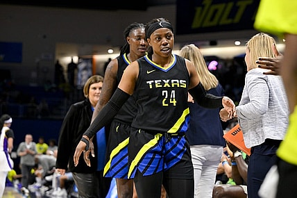Jul 22, 2023; Arlington, Texas, USA; Dallas Wings guard Arike Ogunbowale (24) leaves the game against the Los Angeles Sparks during the second half at College Park Center. Mandatory Credit: Jerome Miron-USA TODAY Sports