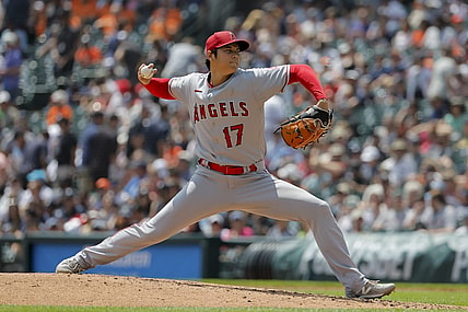 Jul 27, 2023; Detroit, Michigan, USA; Los Angeles Angels starting pitcher Shohei Ohtani (17) pitches in the fourth inning against the Detroit Tigers at Comerica Park. Mandatory Credit: Rick Osentoski-USA TODAY Sports