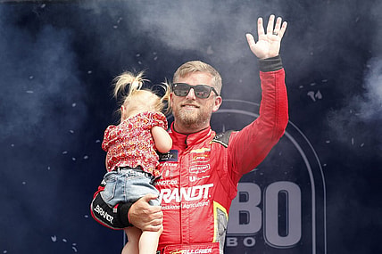 Aug 5, 2023; Brooklyn, Michigan, USA; Xfinity Series driver Justin Allgaier (7) during driver introductions before the Cabo Wabo 250 at Michigan International Speedway. Mandatory Credit: Mike Dinovo-USA TODAY Sports
