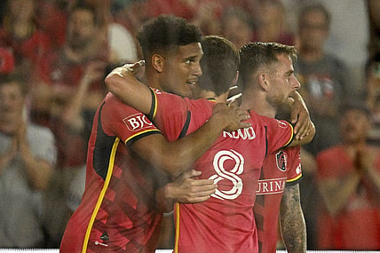Aug 20, 2023; St. Louis, Missouri, USA; St. Louis City forward Nicholas Gioacchini (11) reacts after scoring a goal against Austin FC during the second half at CITYPARK. Mandatory Credit: Scott Rovak-USA TODAY Sports